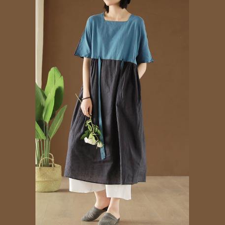 Vivid Slash neck patchwork cotton clothes For Women linen navy Dresses summer - Omychic