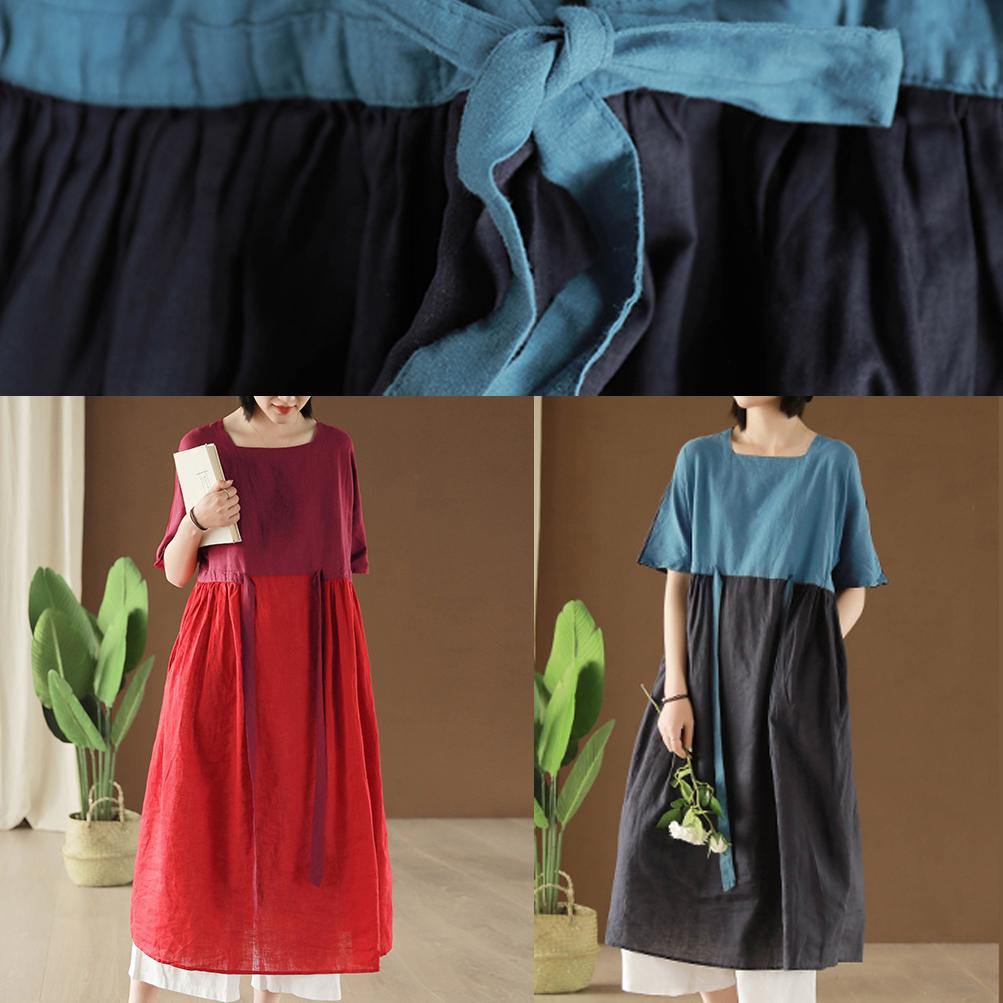 Vivid Slash neck patchwork cotton clothes For Women linen navy Dresses summer - Omychic