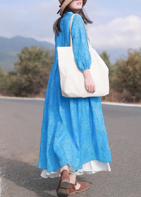 Vivid Stand Collar Cinched Spring Dresses Neckline Blue Embroidery Loose Dresses - Omychic