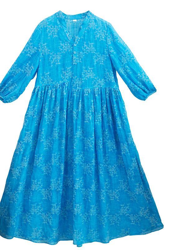 Vivid Stand Collar Cinched Spring Dresses Neckline Blue Embroidery Loose Dresses - Omychic