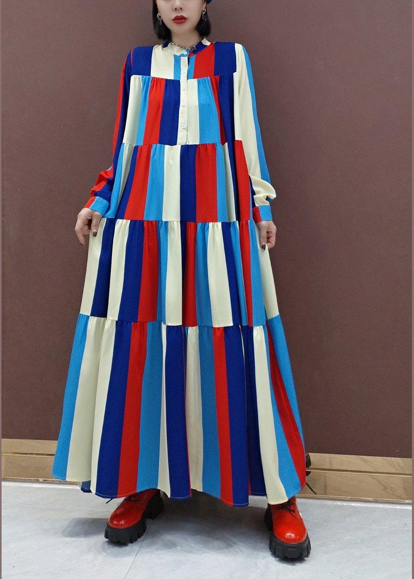 Vivid Stand Collar Patchwork Spring Clothes Women Fashion Ideas Multicolor Striped Kaftan Dresses - Omychic