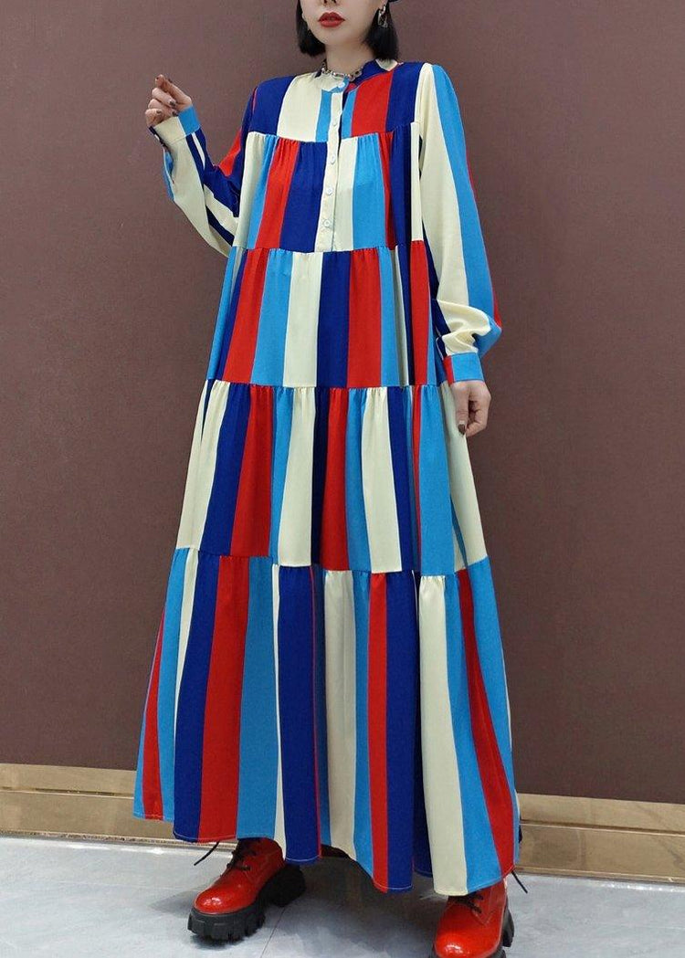 Vivid Stand Collar Patchwork Spring Clothes Women Fashion Ideas Multicolor Striped Kaftan Dresses - Omychic