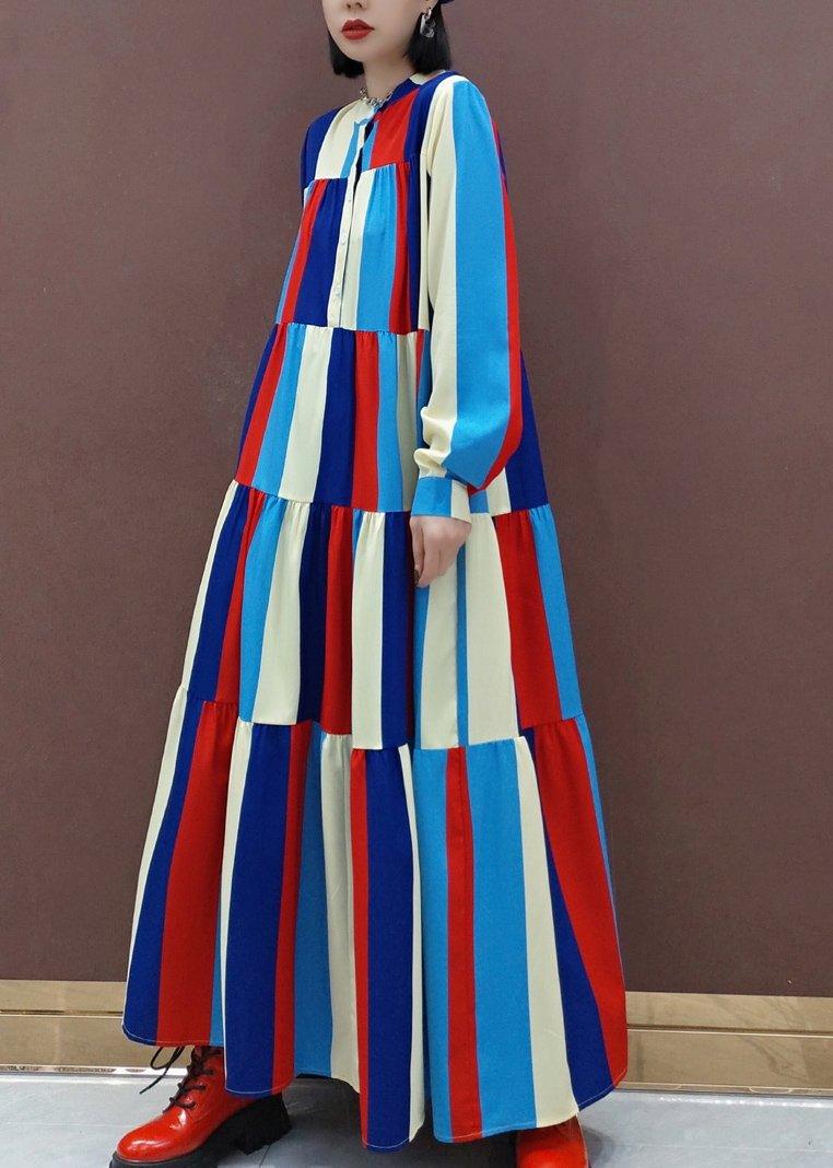 Vivid Stand Collar Patchwork Spring Clothes Women Fashion Ideas Multicolor Striped Kaftan Dresses - Omychic