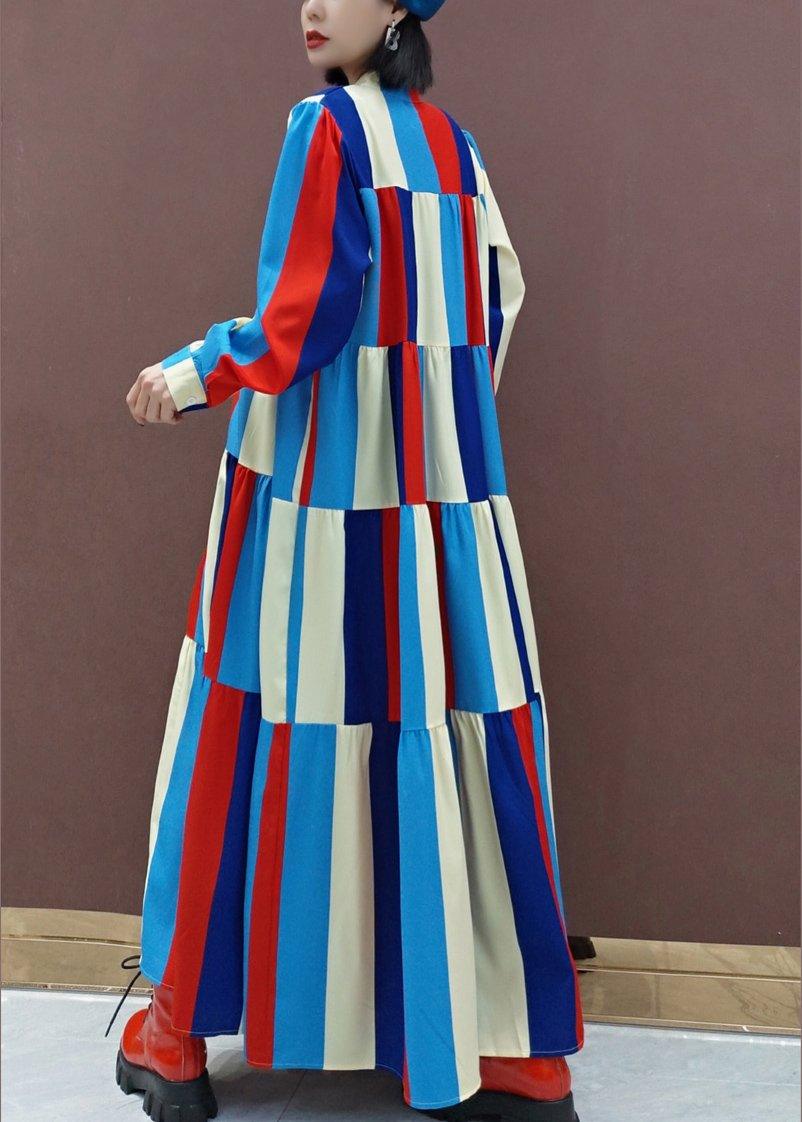 Vivid Stand Collar Patchwork Spring Clothes Women Fashion Ideas Multicolor Striped Kaftan Dresses - Omychic