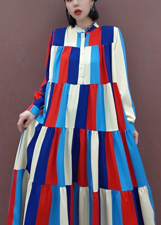 Vivid Stand Collar Patchwork Spring Clothes Women Fashion Ideas Multicolor Striped Kaftan Dresses - Omychic