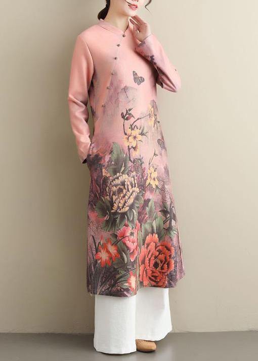 Vivid Stand Collar Pockets Spring Tunic Catwalk Pink Print Vestidos De Lino Dresses - Omychic