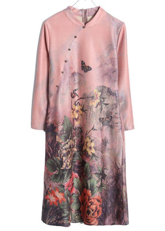 Vivid Stand Collar Pockets Spring Tunic Catwalk Pink Print Vestidos De Lino Dresses - Omychic