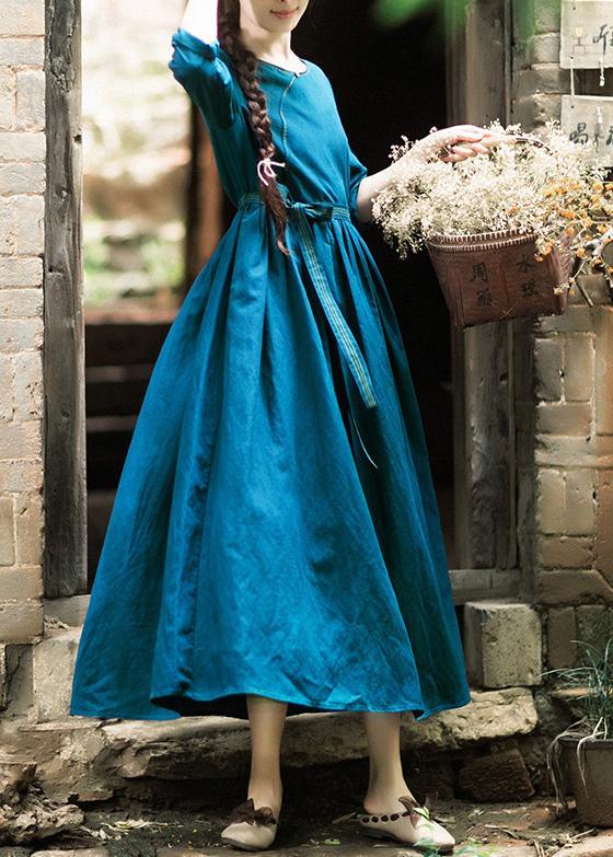 Vivid Tie Waist O Neck Spring Clothes Pattern Blue Dresses - Omychic