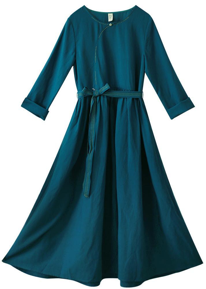 Vivid Tie Waist O Neck Spring Clothes Pattern Blue Dresses - Omychic