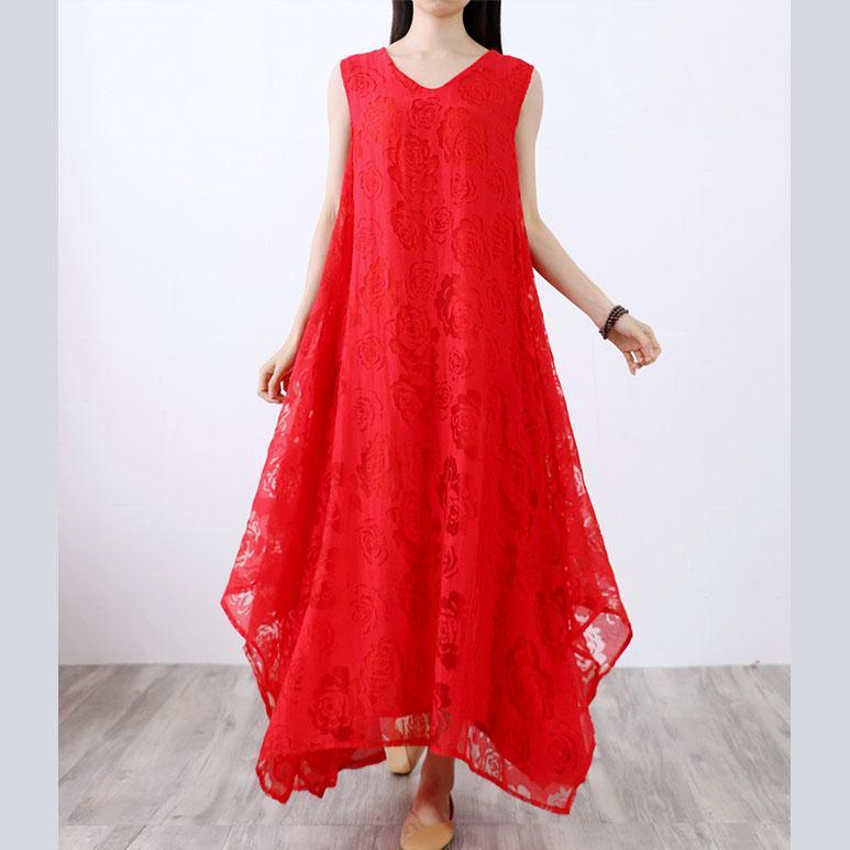 Vivid asymmetric cotton Long dress red v neck Plus Size Dresses summer - Omychic