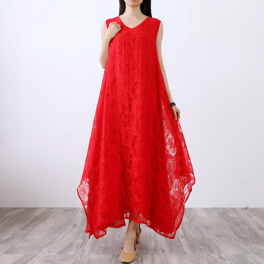 Vivid asymmetric cotton Long dress red v neck Plus Size Dresses summer - Omychic