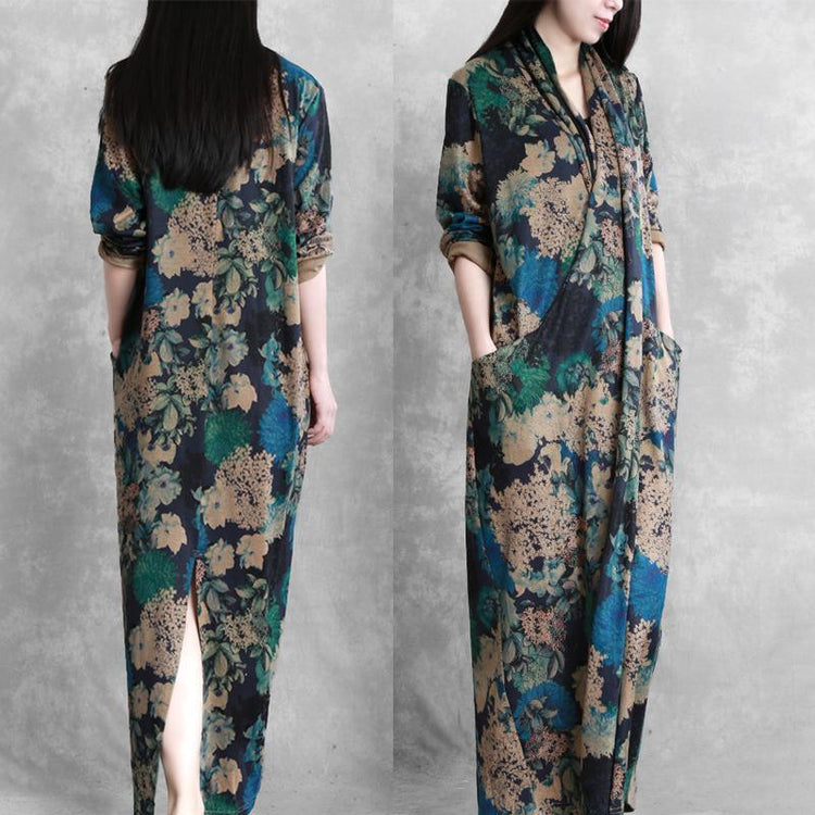 Vivid asymmetric pockets cotton Tunics design blue print Maxi Dress fall - Omychic