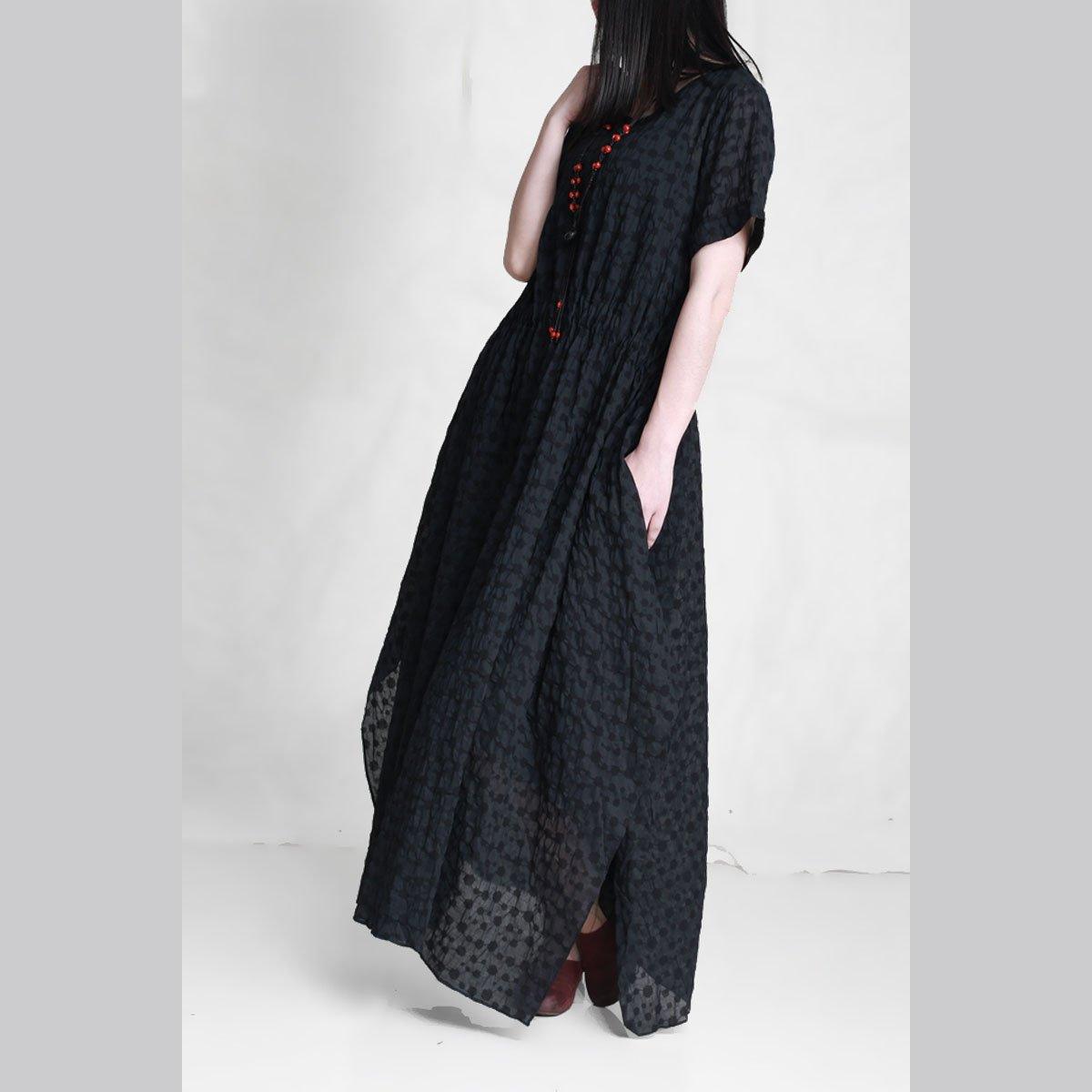 Vivid black dotted linen cotton dresses o neck asymmetric long summer Dresses - Omychic