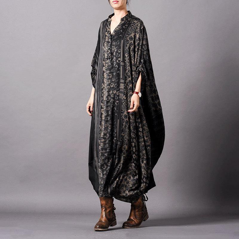 Vivid black striped print Tunic v neck Batwing Sleeve robes Dresses - Omychic