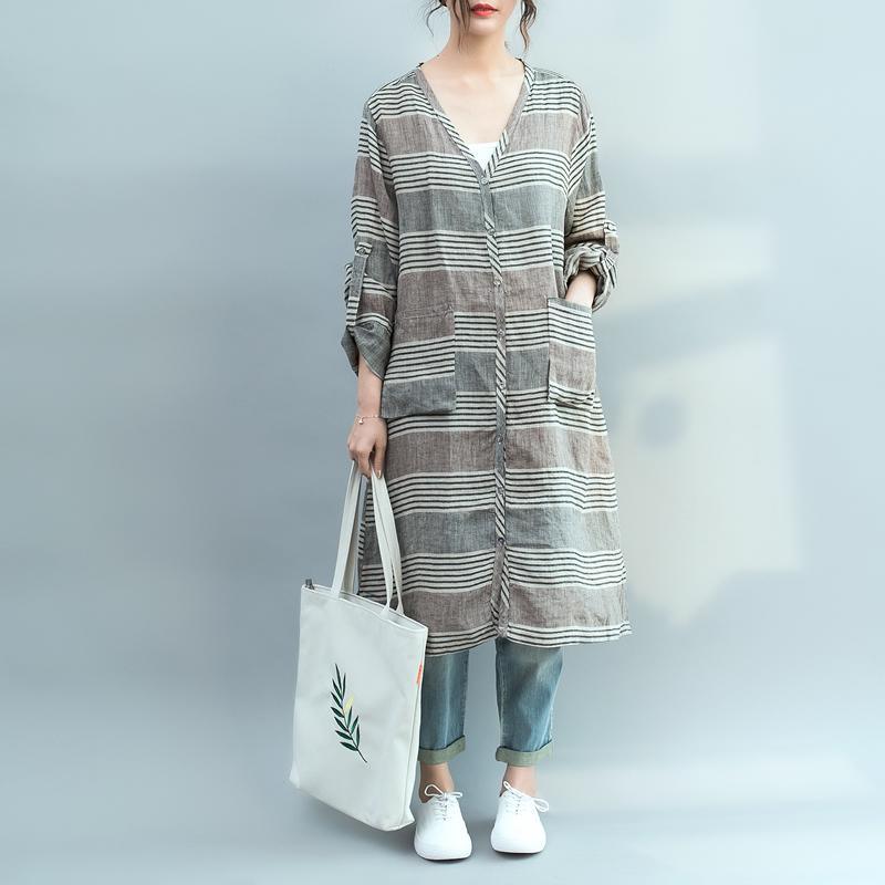 Vivid brown green striped Cotton quilting clothes Fine Tunic Tops v neck Knee spring Dresses - Omychic