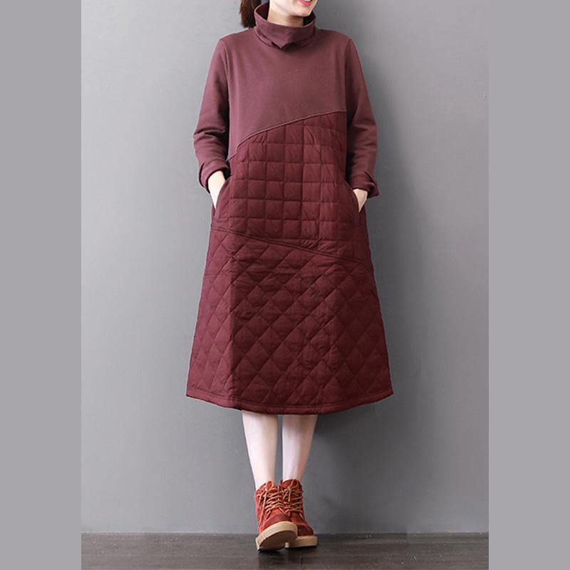 Vivid burgundy cotton clothes Women high neck patchwork Maxi Dresses - Omychic