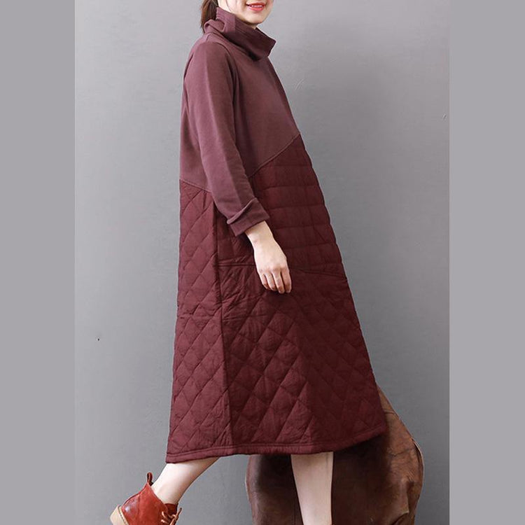 Vivid burgundy cotton clothes Women high neck patchwork Maxi Dresses - Omychic