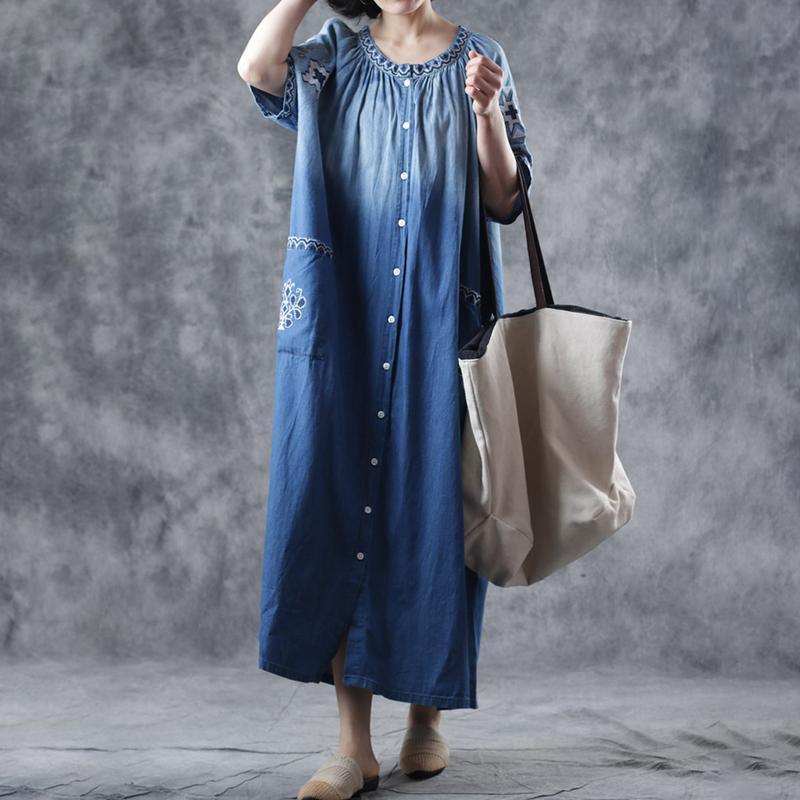 Vivid cotton Wardrobes Organic Embroidery Ethnic Style Long Denim Dress - Omychic