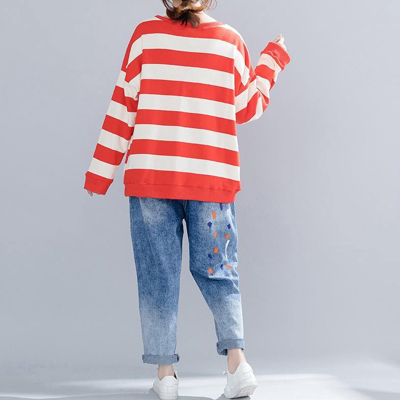 Vivid cotton clothes For Women plus size o neck Runway red striped baggy shirts spring - Omychic