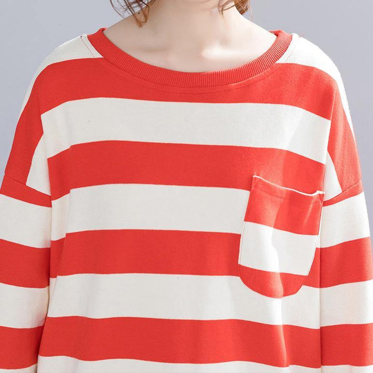 Vivid cotton clothes For Women plus size o neck Runway red striped baggy shirts spring - Omychic