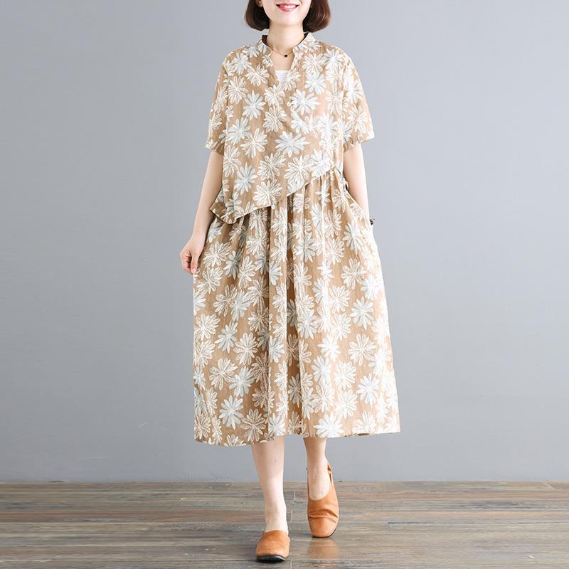 Vivid cotton quilting clothes Drops Design Cotton Linen Half Sleeve Print A-Line Dress - Omychic