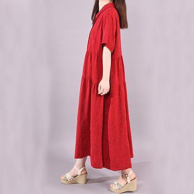 Vivid cotton red clothes Women Plus Size Summer Fashion lapel neck maxi dress - Omychic