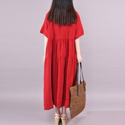 Vivid cotton red clothes Women Plus Size Summer Fashion lapel neck maxi dress - Omychic