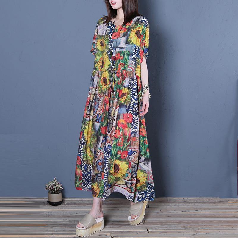 Vivid dark floral silk cotton Tunics wrinkled o neck summer Dresses - Omychic