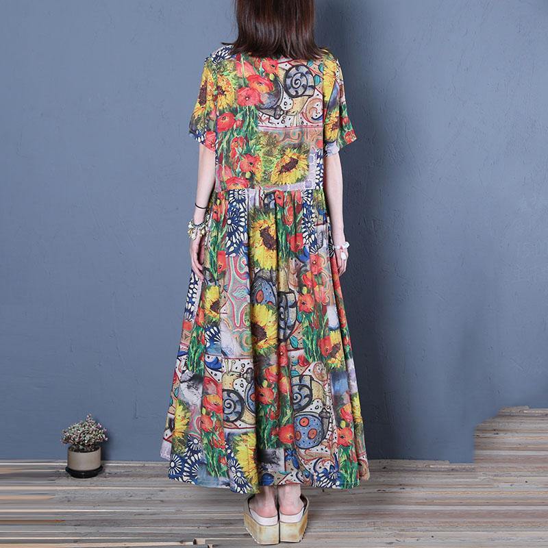 Vivid dark floral silk cotton Tunics wrinkled o neck summer Dresses - Omychic
