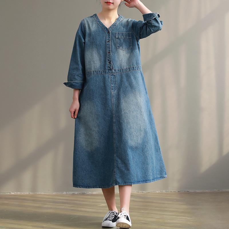 Vivid denim blue cotton outfit Omychic Shape v neck pockets Kaftan Dress - Omychic