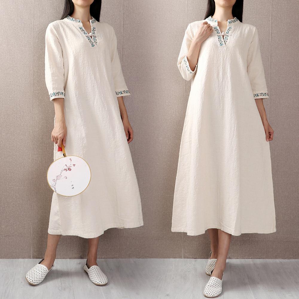 Vivid embroidery linen cotton clothes Wardrobes white stand collar Dresses fall - Omychic