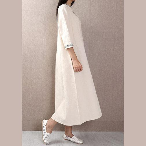 Vivid embroidery linen cotton clothes Wardrobes white stand collar Dresses fall - Omychic