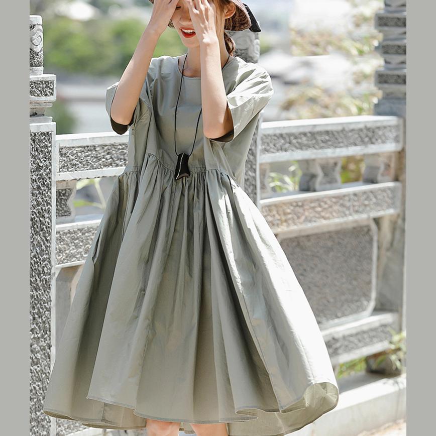 Vivid gray Cotton dresses Boho Inspiration o neck large hem Art Summer Dresses - Omychic
