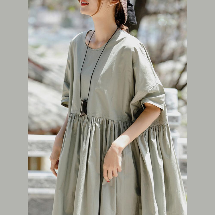Vivid gray Cotton dresses Boho Inspiration o neck large hem Art Summer Dresses - Omychic