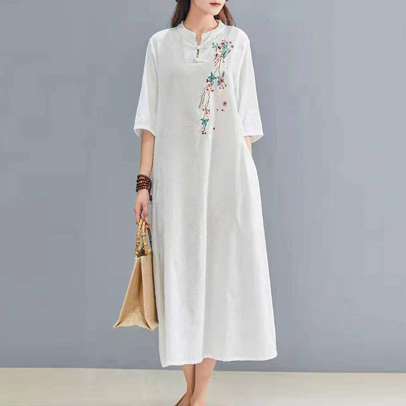 Vivid half sleeve linen outfit Catwalk white embroidery Dress autumn - Omychic