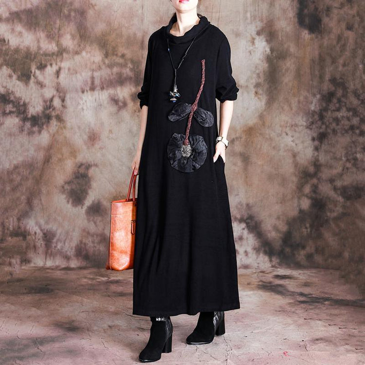 Vivid high neck cotton fall dresses Fashion Ideas black Lotus decorated Art Dresses - Omychic
