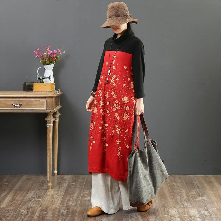 Vivid high neck patchwork cotton dress Work Outfits red print Robe Dresses fall - Omychic