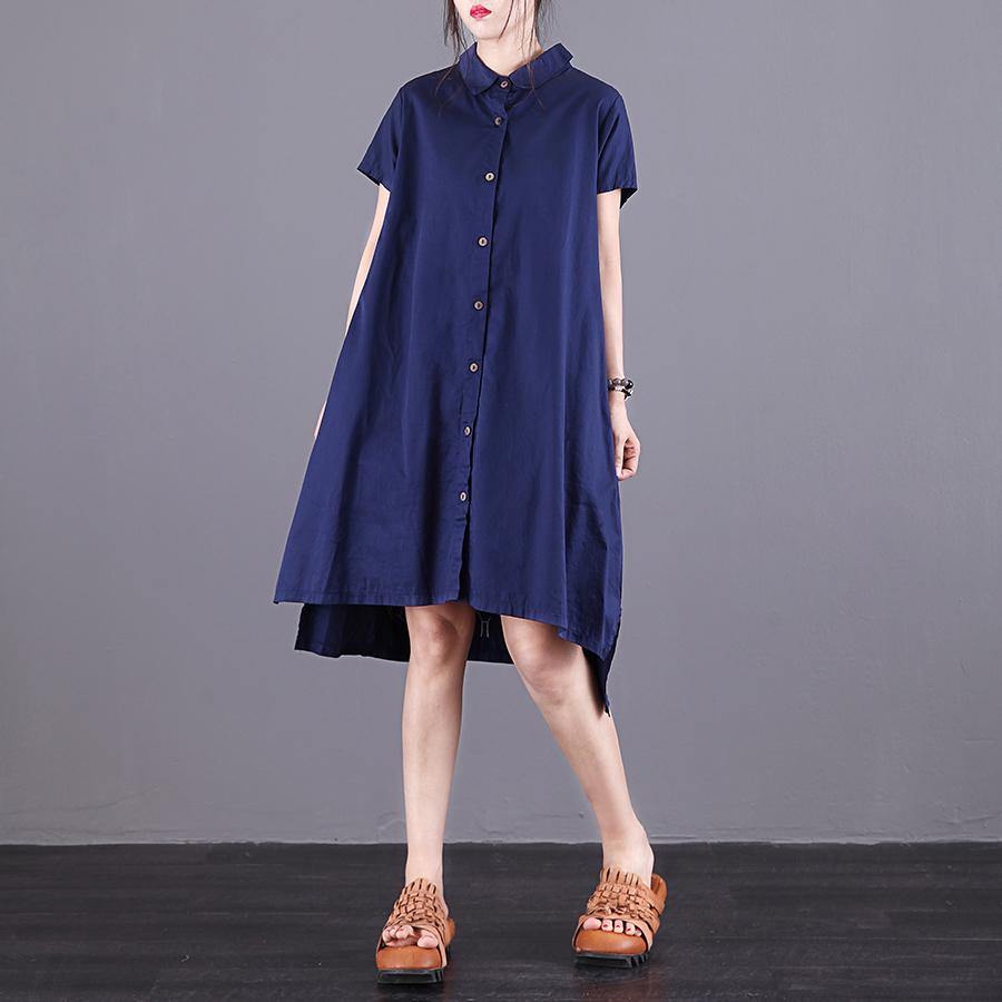 Vivid lapel asymmetric Cotton top Sewing blue embroidery Dress summer - Omychic