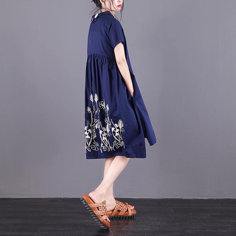 Vivid lapel asymmetric Cotton top Sewing blue embroidery Dress summer - Omychic