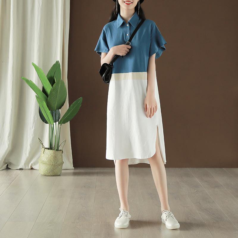 Vivid lapel patchwork Butterfly Sleeve Cotton Tunics Work blue Dress summer - Omychic