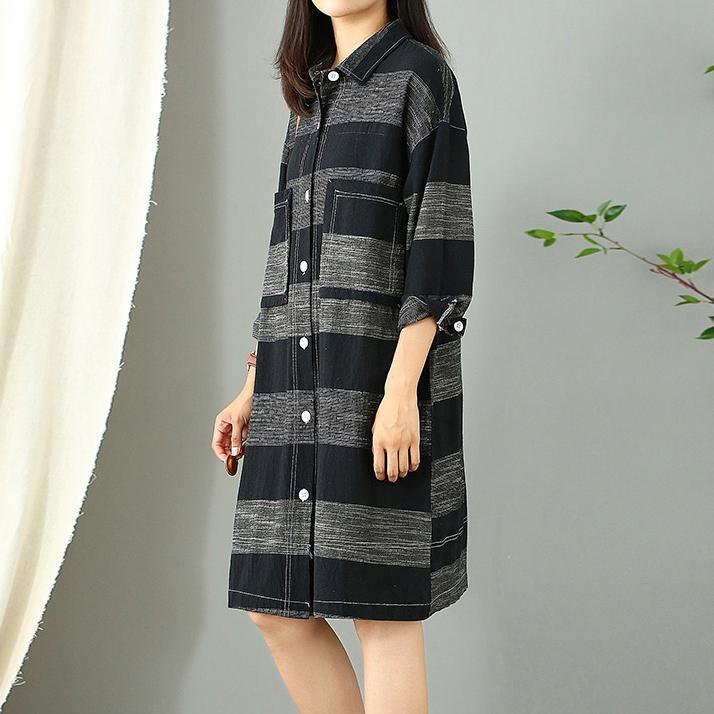 Vivid lapel pockets Cotton fall quilting dresses design black striped Dress - Omychic