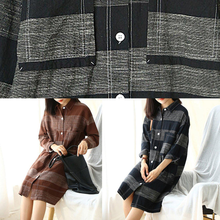 Vivid lapel pockets Cotton fall quilting dresses design black striped Dress - Omychic