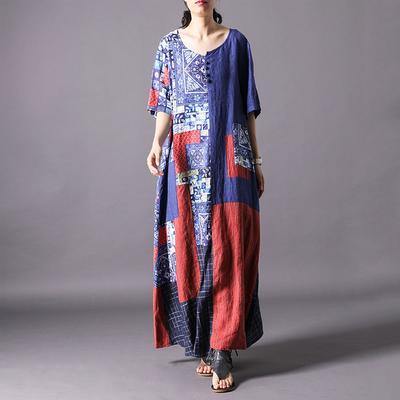 Vivid linen cotton dress Organic Summer Vintage O-Neck Linen Short Sleeve Dress - Omychic