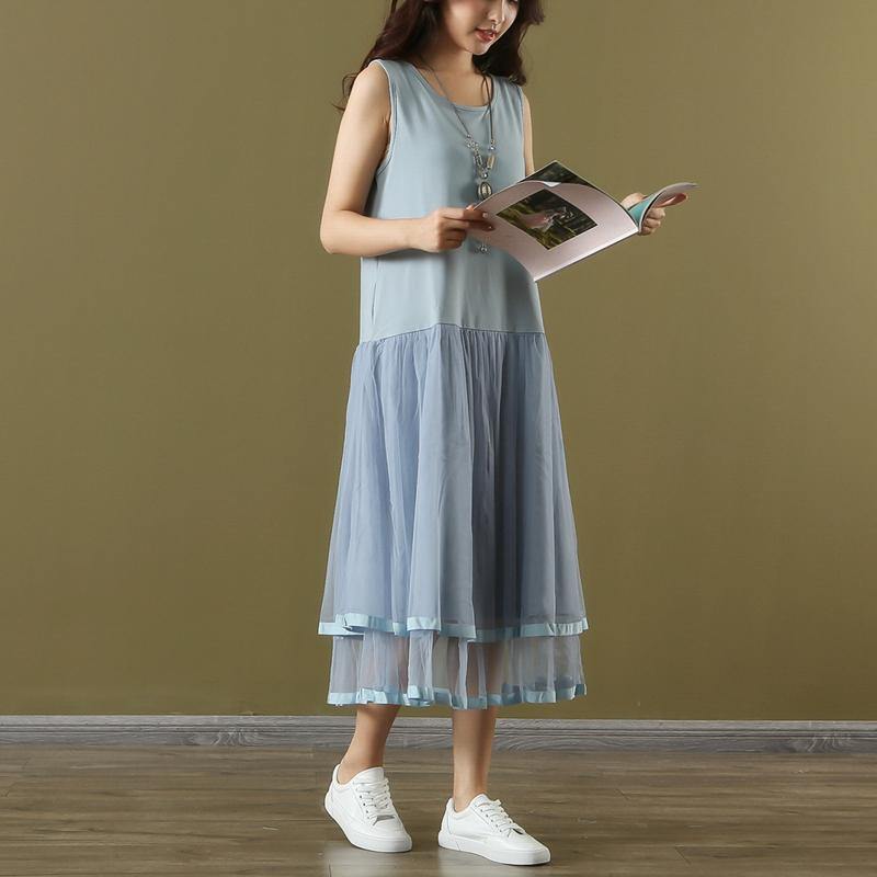 Vivid o neck Sleeveless tulle cotton clothes For Women Photography light blue Robe Dress summer - Omychic