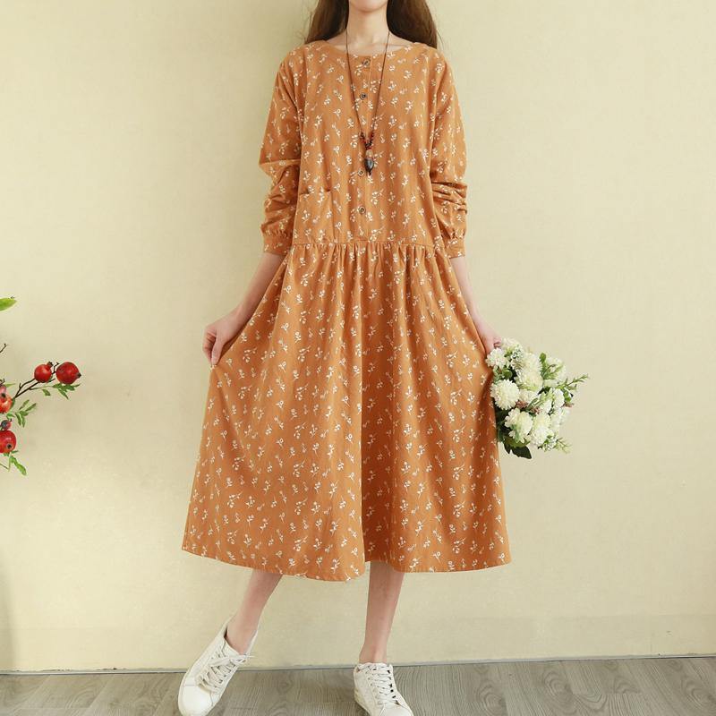 Vivid o neck cotton Long Shirts Boho Runway orange floral long Dress - Omychic