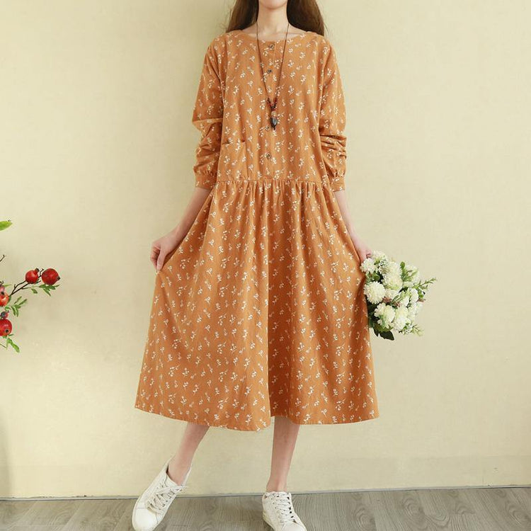 Vivid o neck cotton Long Shirts Boho Runway orange floral long Dress - Omychic