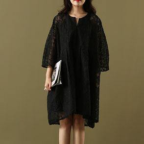 Vivid o neck hollow out lace Tunics pattern black Dresses summer - Omychic