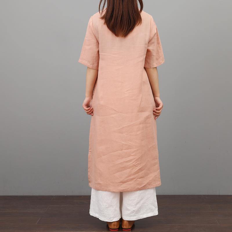 Vivid o neck linen Tunics Photography nude pink A Line Dress summer - Omychic