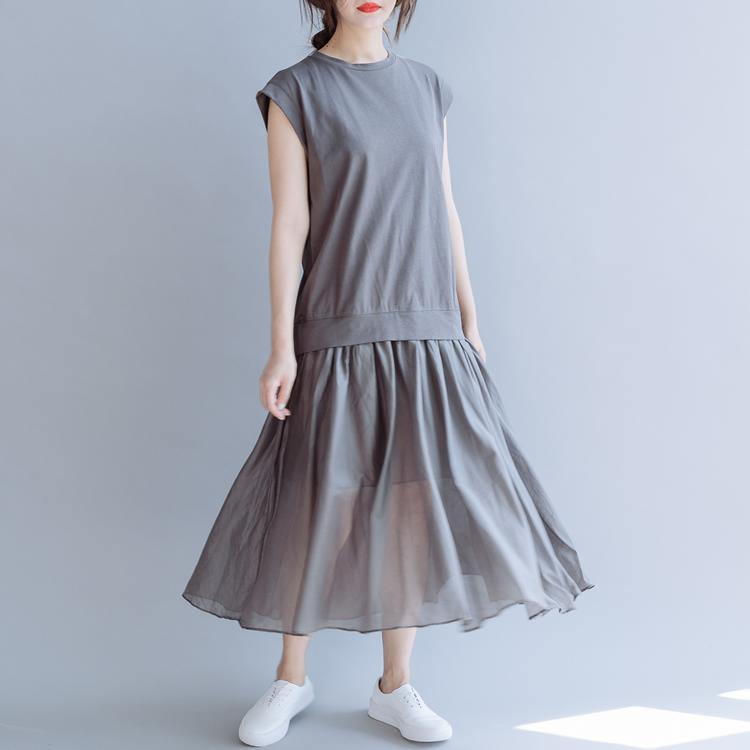 Vivid o neck patchwork cotton Tunics gray loose Dresses summer - Omychic