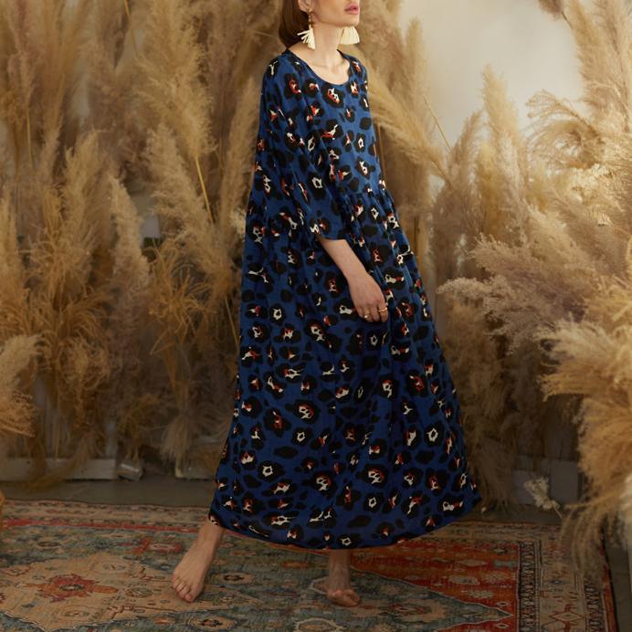 Vivid o neck patchwork cotton tunics for women Fabrics blue print Vestidos De Lino Dresses - Omychic